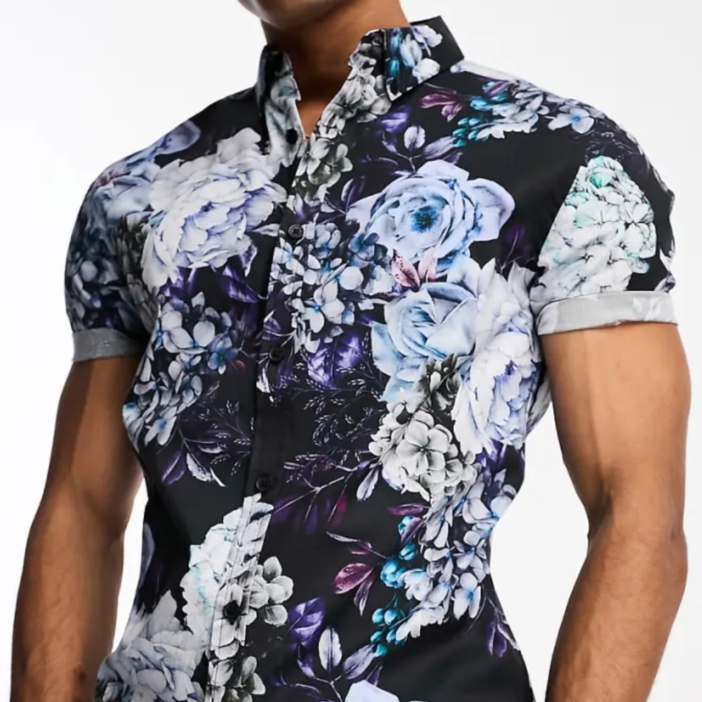 ASOS Brand New Blue Floral Black Shirt for Men Muscle Skinny Fit Small Flower S